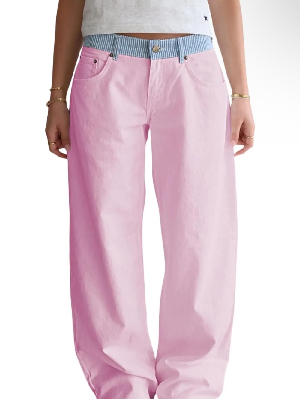 YEMORCH Pink Denim Wide-Leg Jeans with Star Embroidery